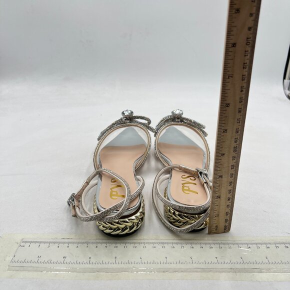 FYS Silver Pointed Toe Slingback Clear Block Low Heels Sparkly Rhinestone Sandal - Picture 5 of 8